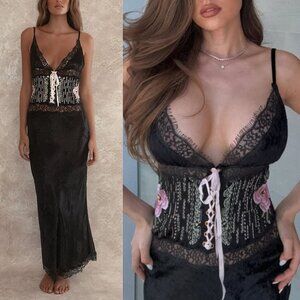 Fillyboo Kiss From A Rose Bias Maxi Dress Black Beaded Velvet Lace Size XS